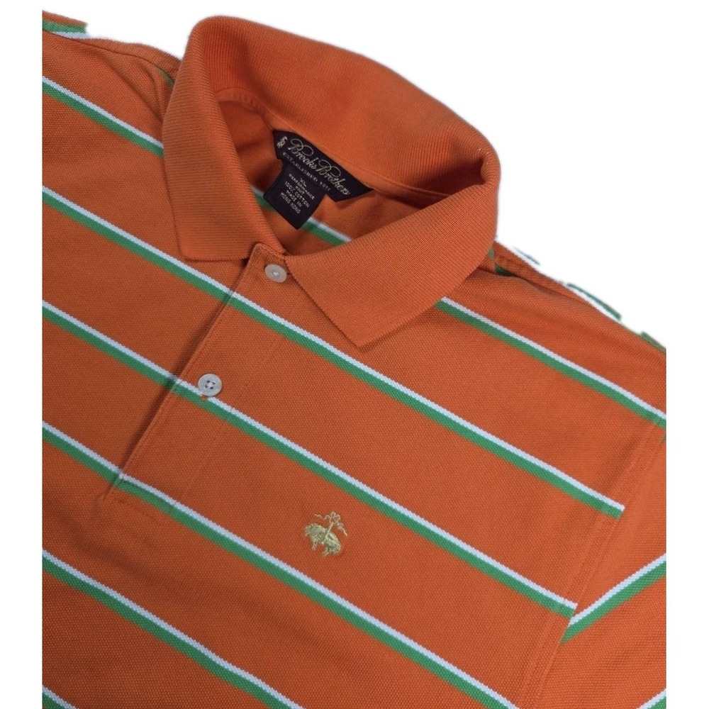 Brooks Brothers Polo Shirt Mens XL ORANGE STRIPED Performance Knit LOGO